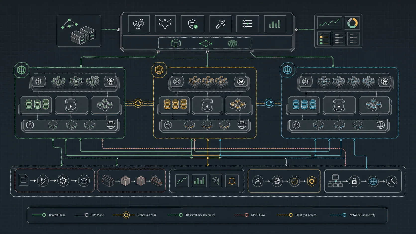 Capas de control, datos, identidad, entrega y observabilidad en tres nubes