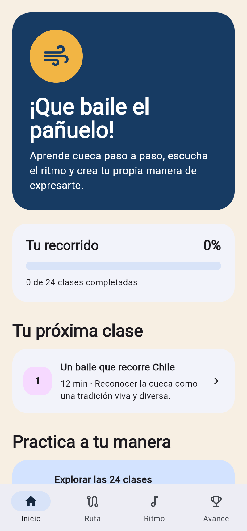 Pantalla de inicio con el saludo, el porcentaje del recorrido y la próxima clase