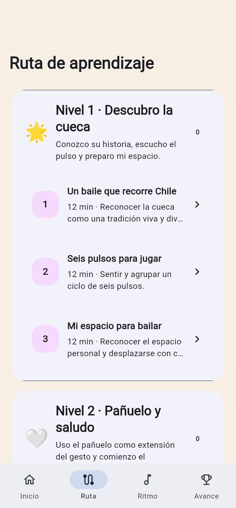 Ruta con los niveles y sus clases