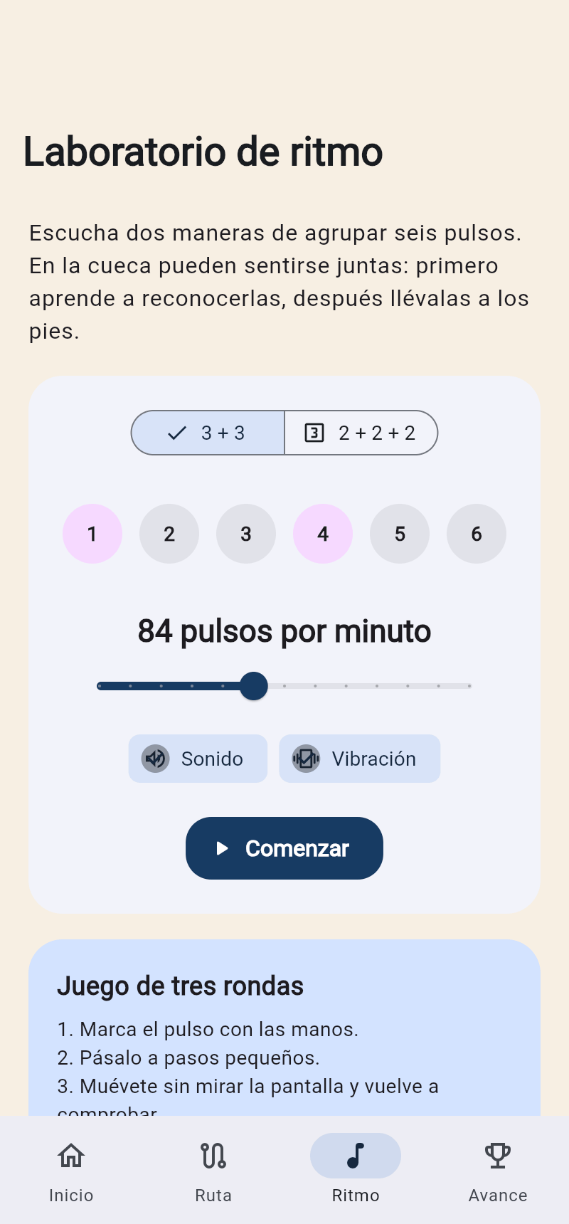 Laboratorio de ritmo con seis pulsos