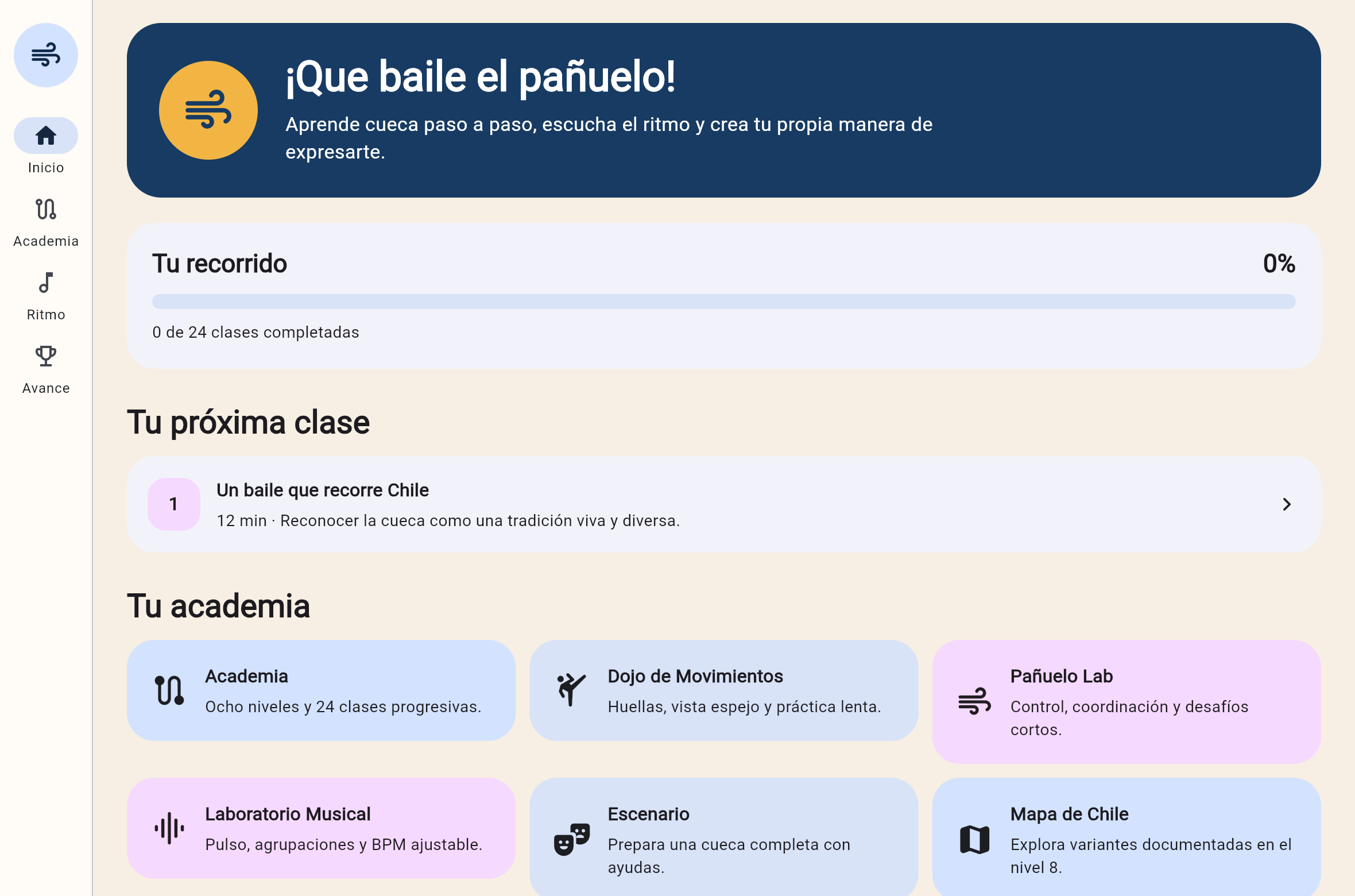 Inicio de escritorio con todos los módulos de la academia