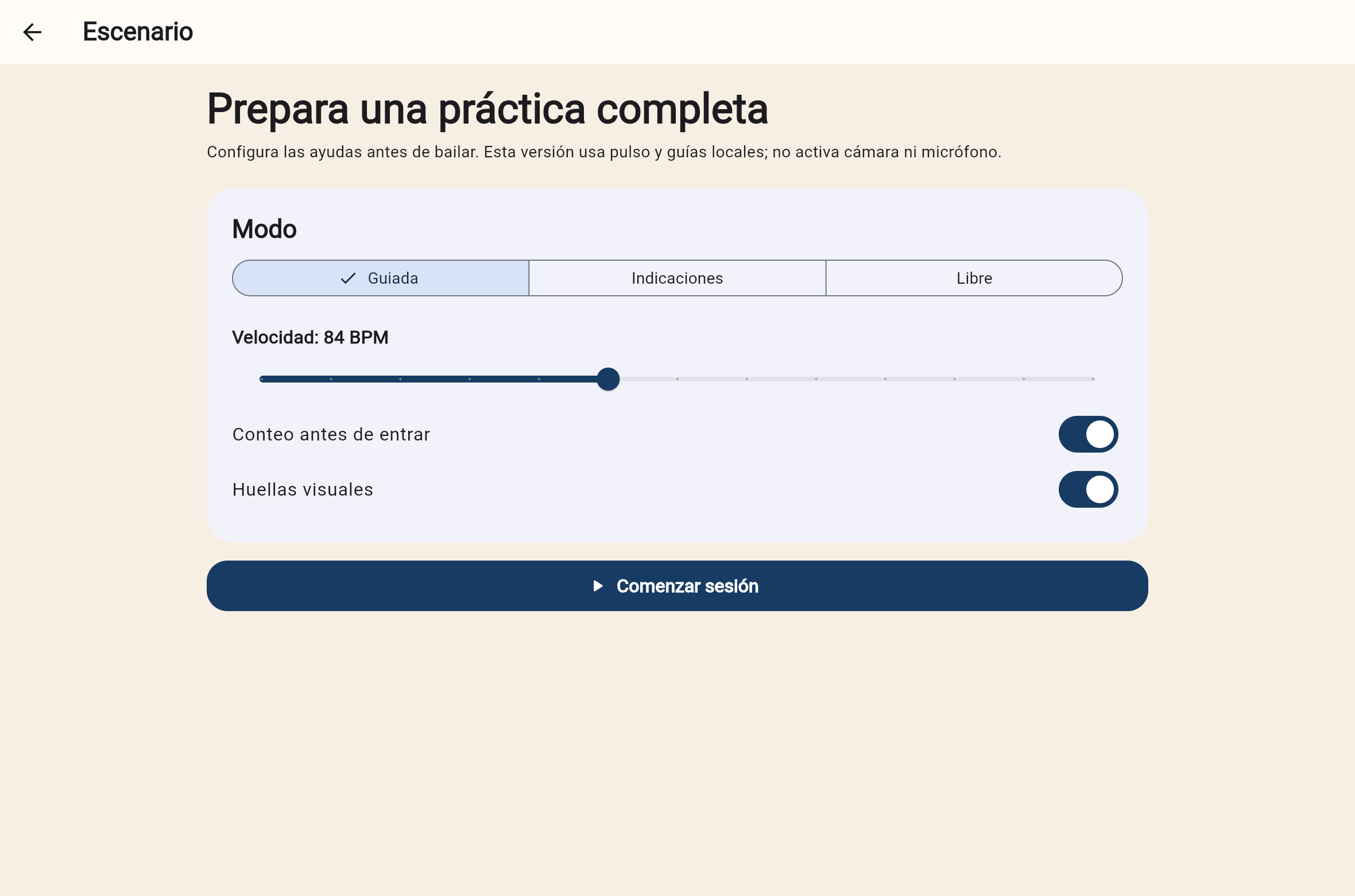 Configuración del Escenario con modo, BPM y ayudas