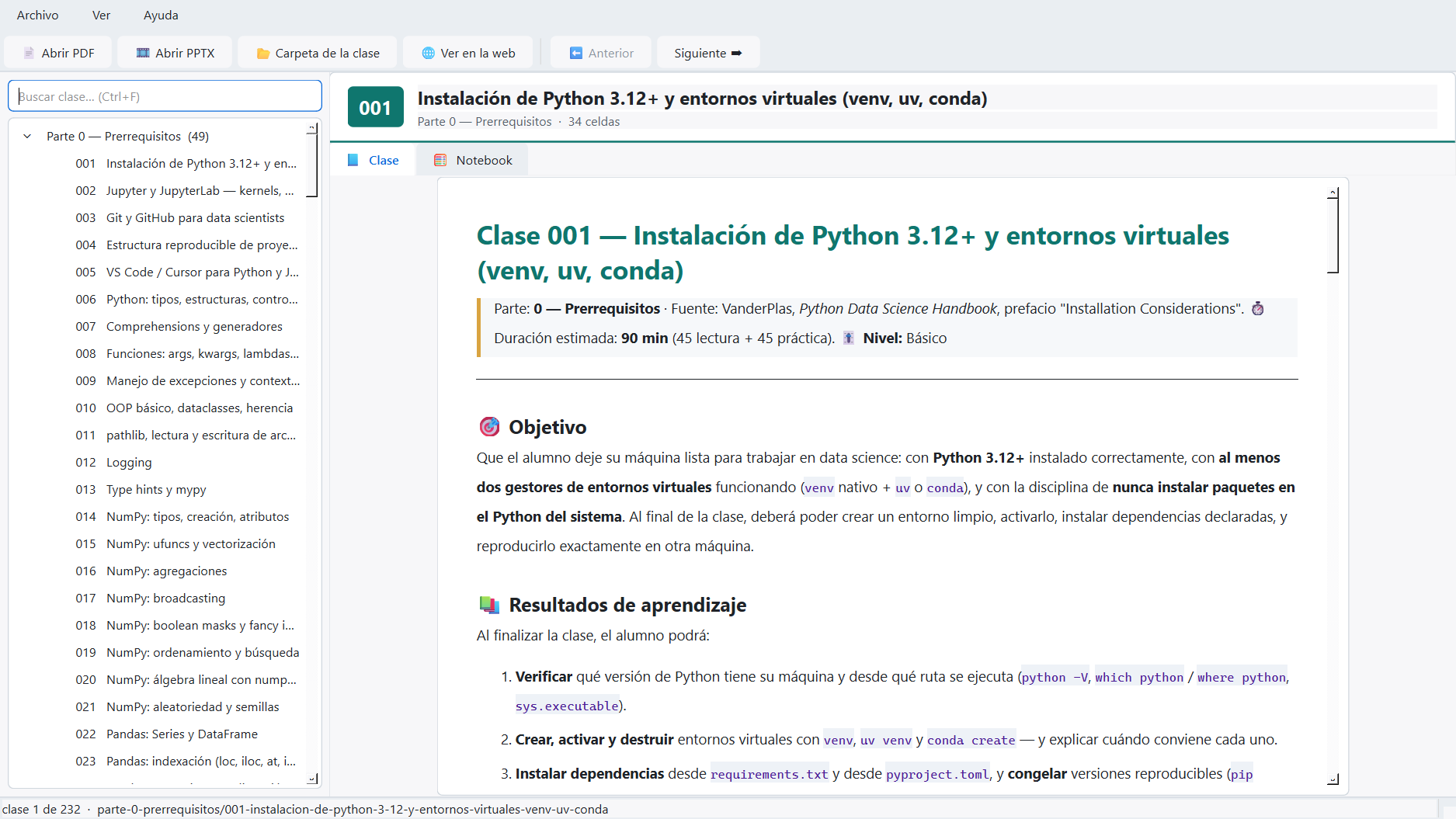 Vista de una clase con la cabecera fija y el README renderizado en HTML