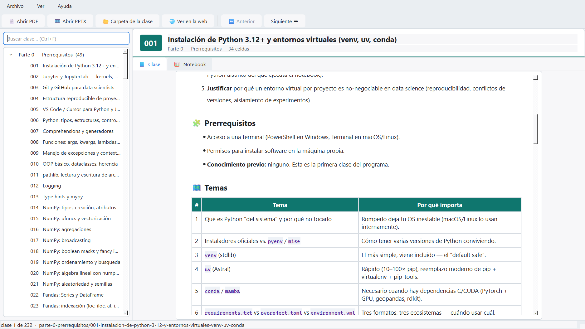 Tabla del temario renderizada como tabla real dentro de la app