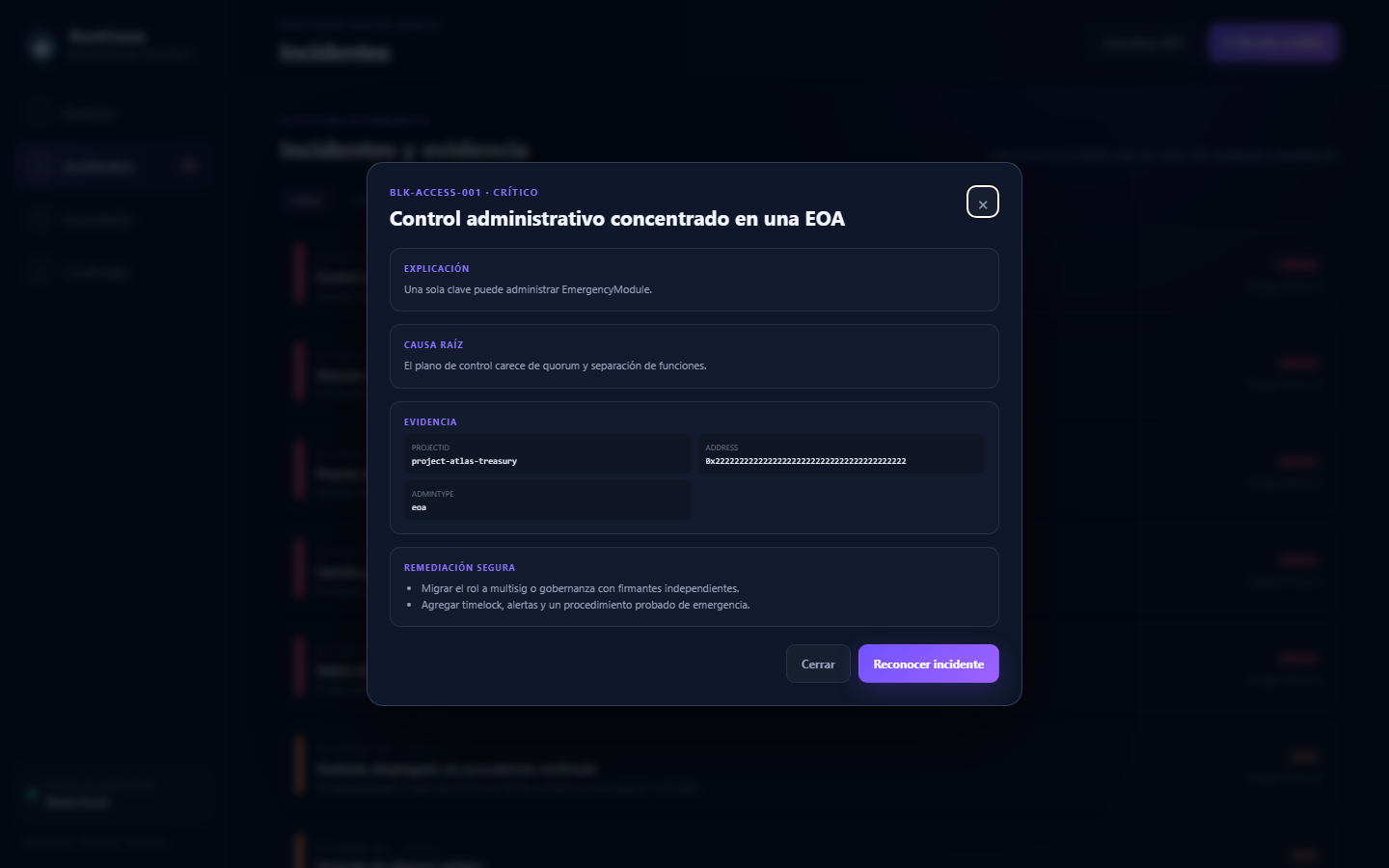 Detalle del incidente BLK-ACCESS-001: control administrativo concentrado en una EOA, con explicación, causa raíz, evidencia con projectId y dirección, y dos pasos de remediación segura
