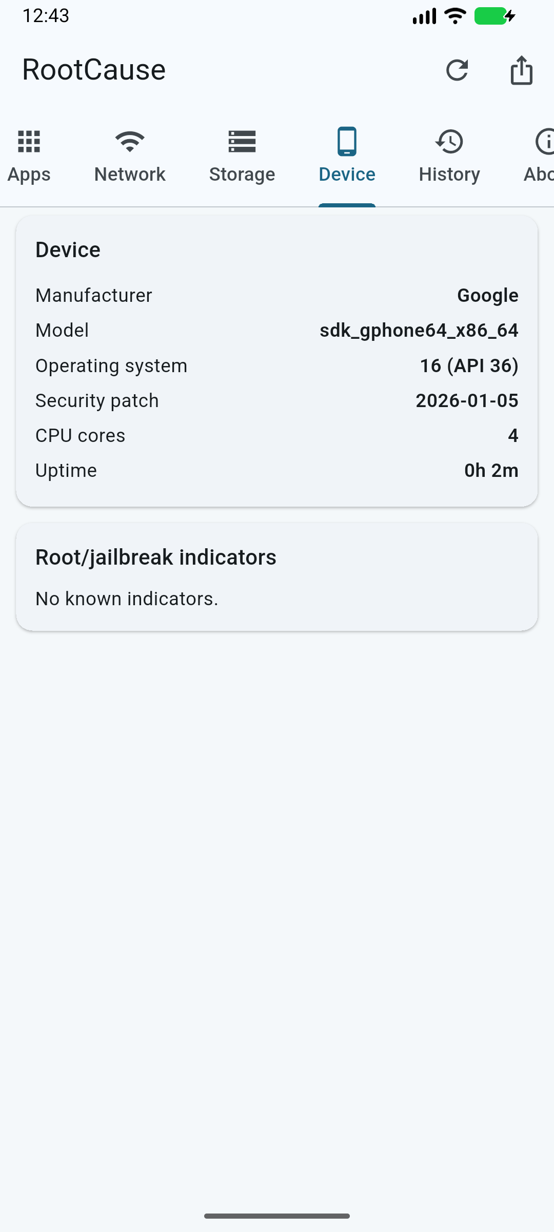 Pestaña Dispositivo: hardware, parche de seguridad e indicadores de root