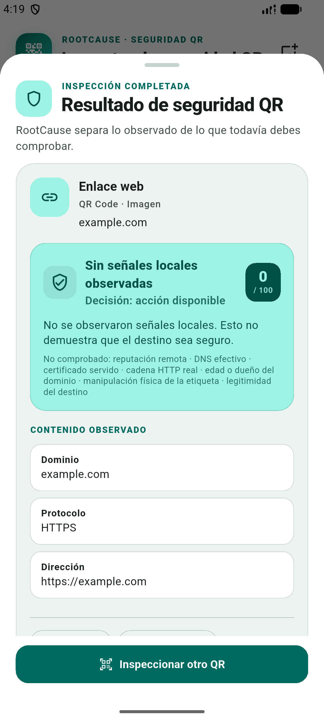 Resultado real de seguridad QR ejecutándose en Android