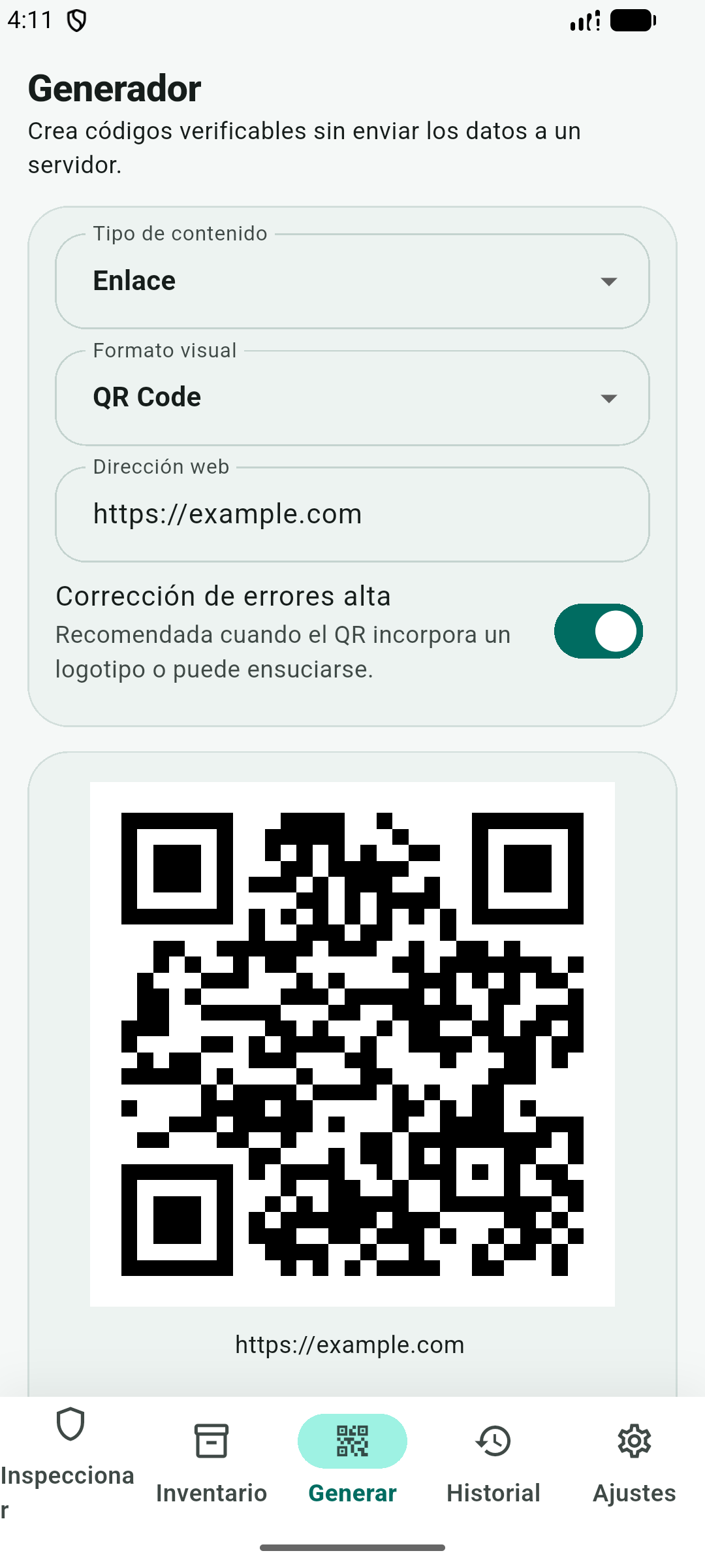 Generador local de códigos QR ejecutándose en Android