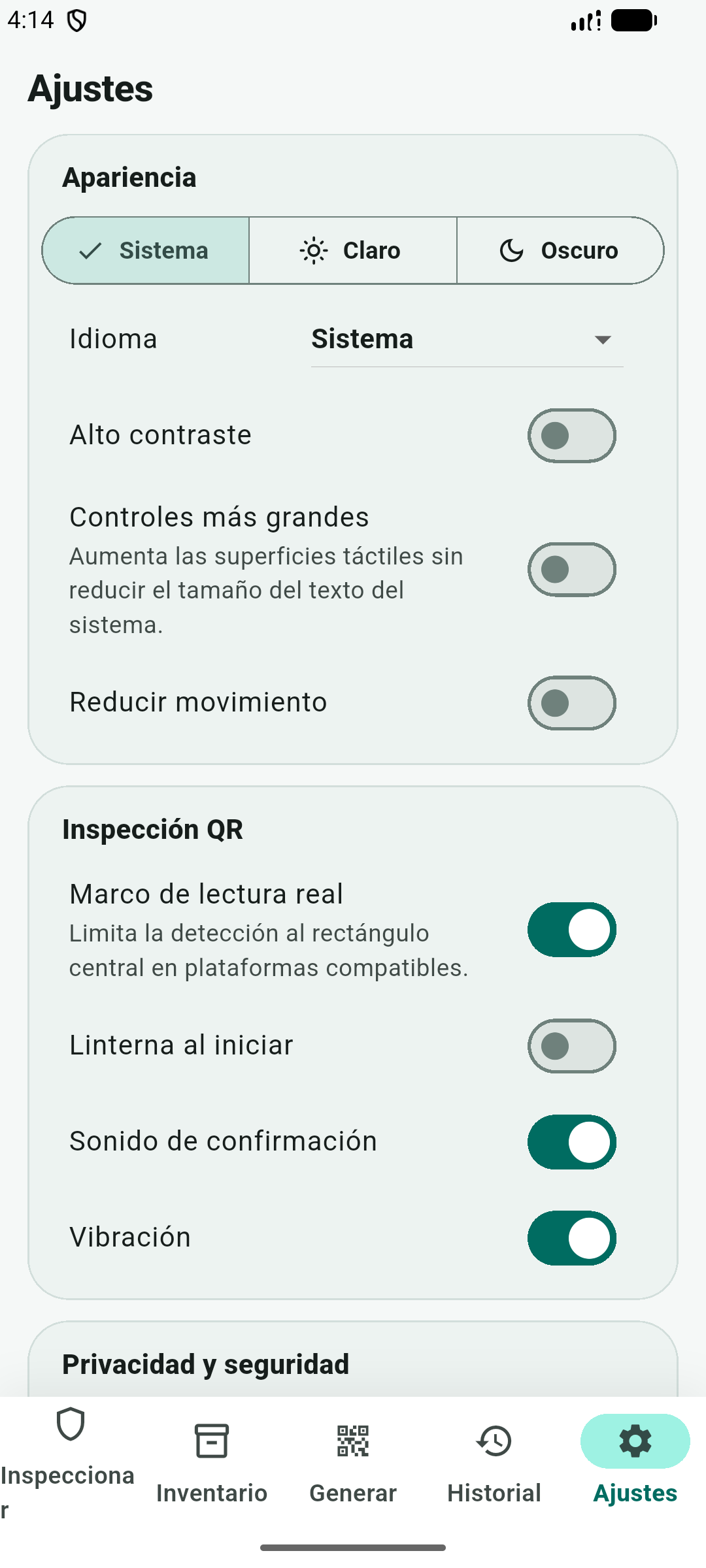 Ajustes de privacidad y accesibilidad ejecutándose en Android