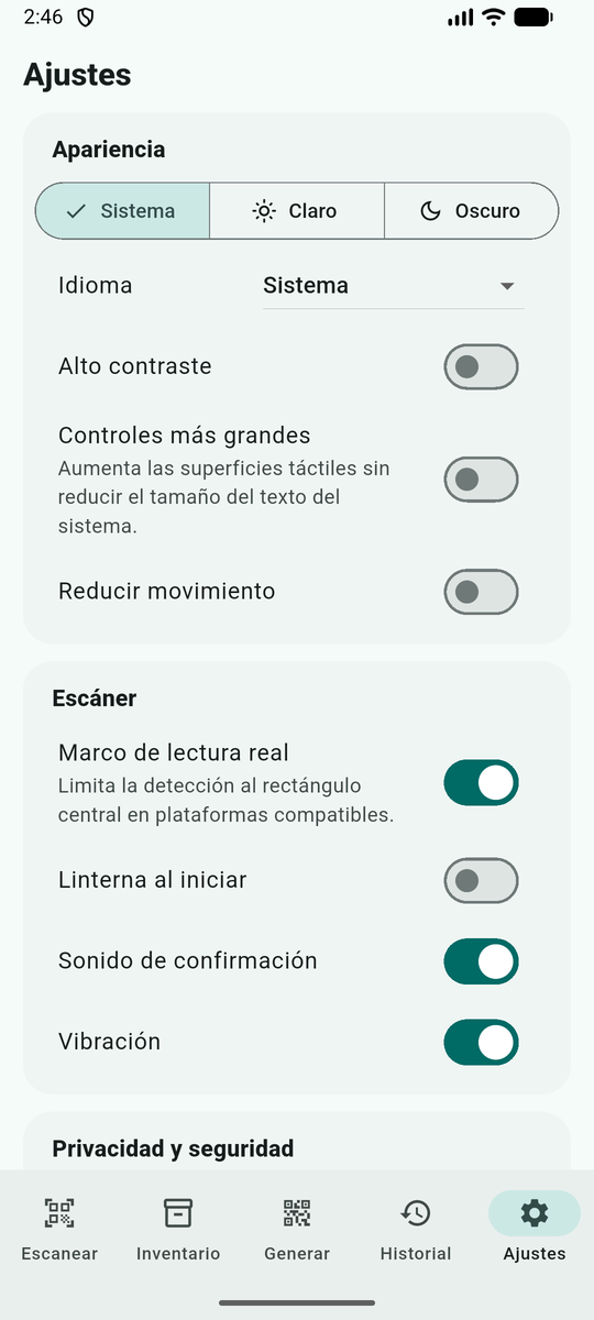Pestaña Ajustes: apariencia, idioma, accesibilidad y opciones del escáner