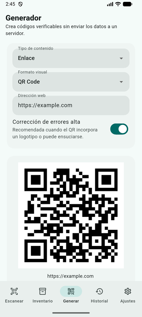 Pestaña Generar: tipo de contenido, formato, corrección de errores y QR renderizado