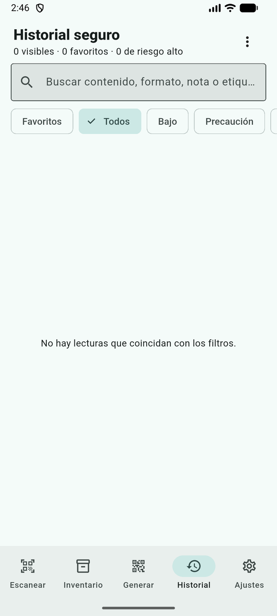 Pestaña Historial: buscador y filtros por nivel de riesgo