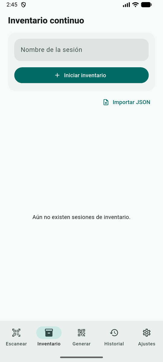 Pestaña Inventario: sesiones con nombre e importación JSON